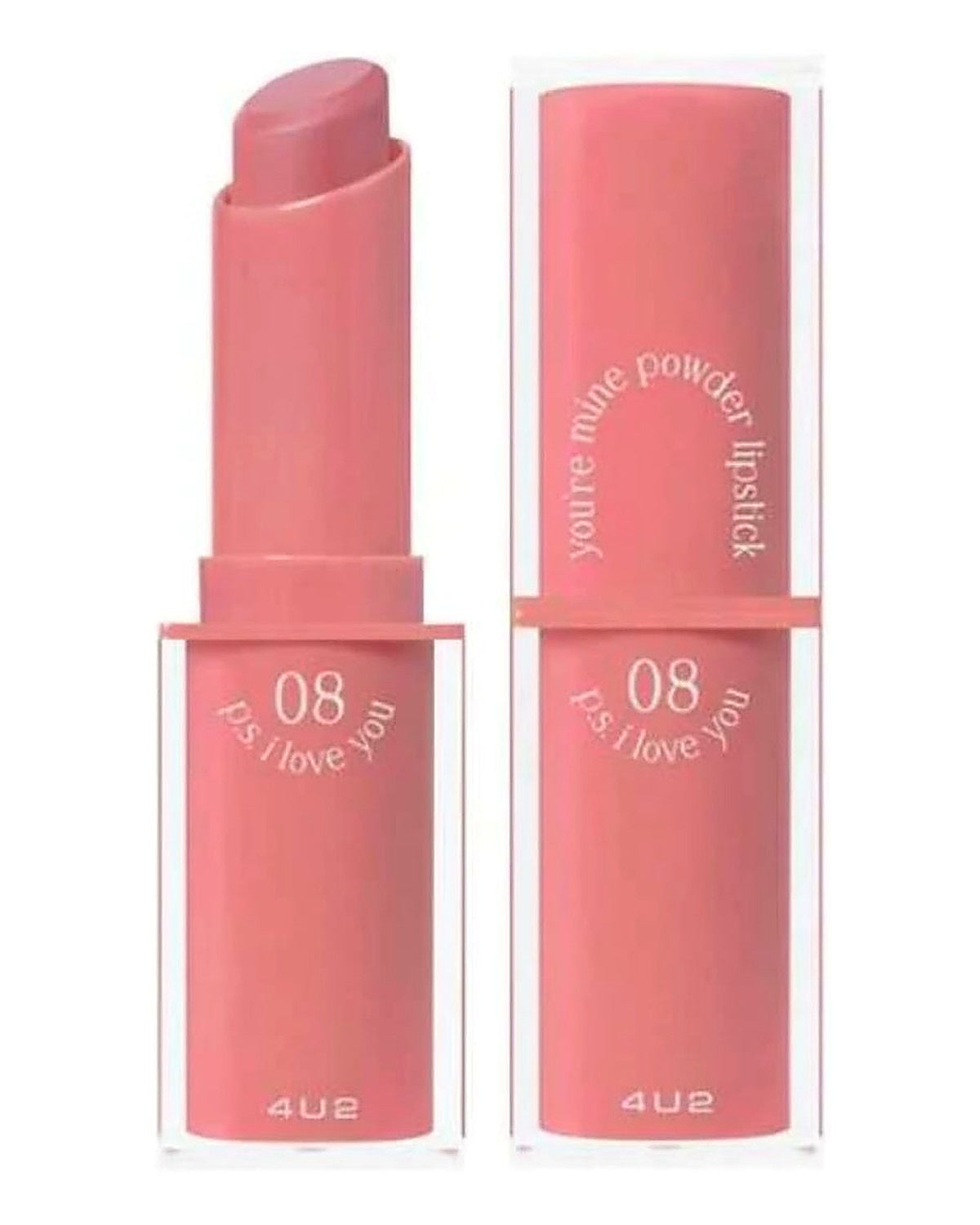 4U2 powder lipstick. (Color P.S I Love you) long lasting and non drying.