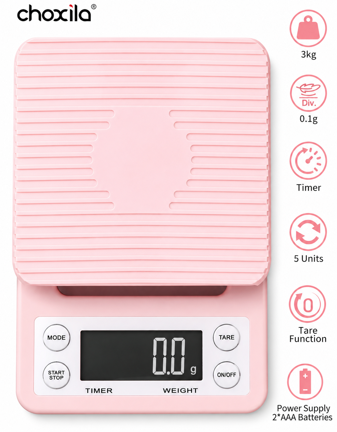 Choxila Digital Coffee \ Matcha Scale with Timer – Pink Edition | 3kg Precision Kitchen Scale