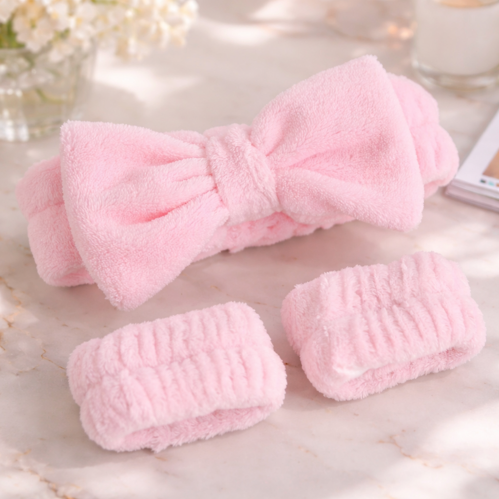Soft Plush Skincare Headband & Wristband Set – Pink