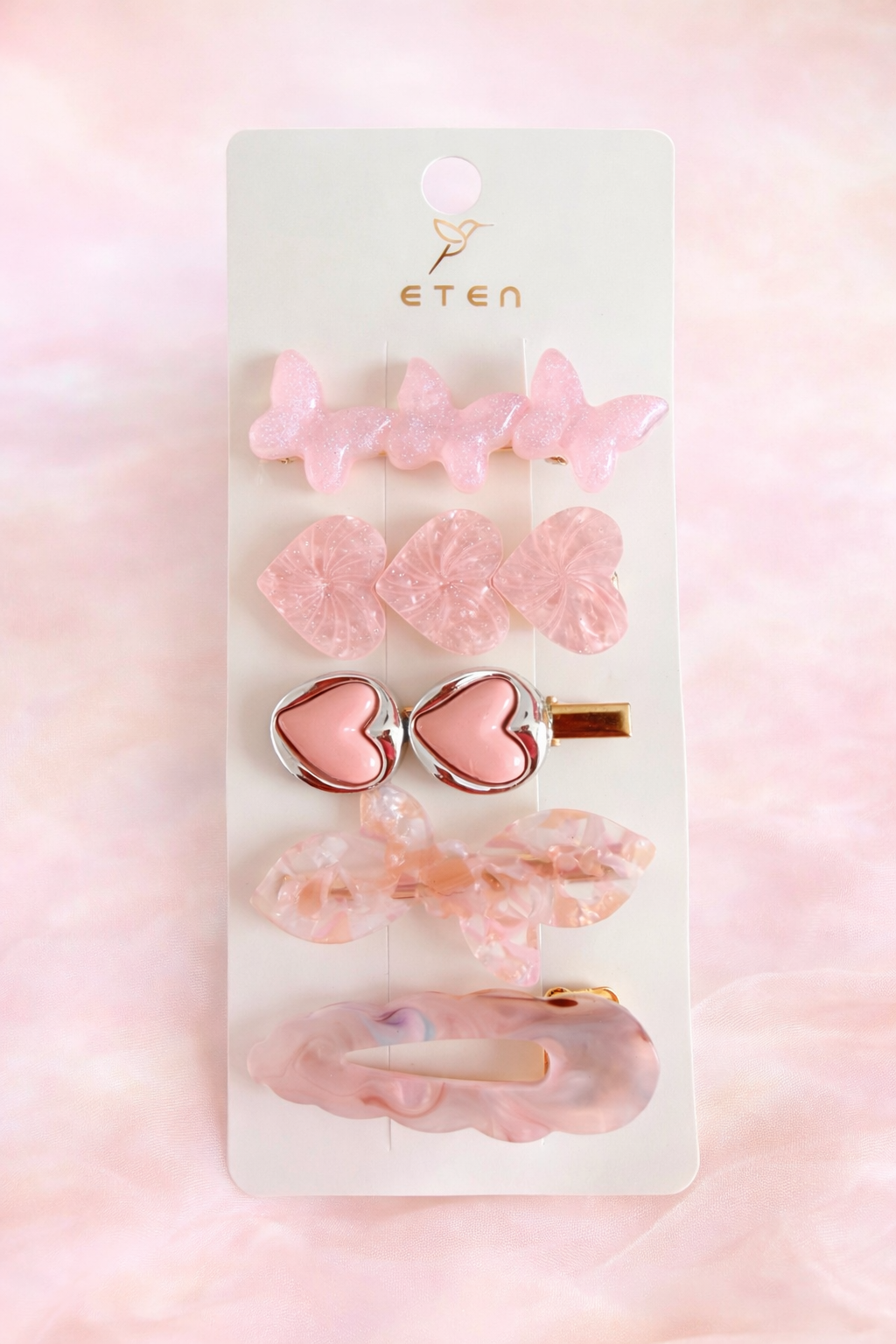 ETEN Pink Quartz Hair Accessory Collection – Luxe Butterfly, Heart & Bow Clips (6-Piece Set)