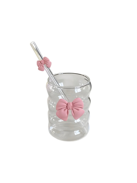 Pink Bow Glass And Glass Straw