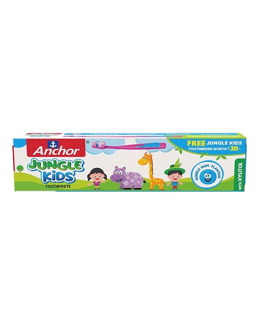 Anchor Jungle Kids Toothpaste with Xylitol  Bubble Gum Flavour + Kids Toothbrush