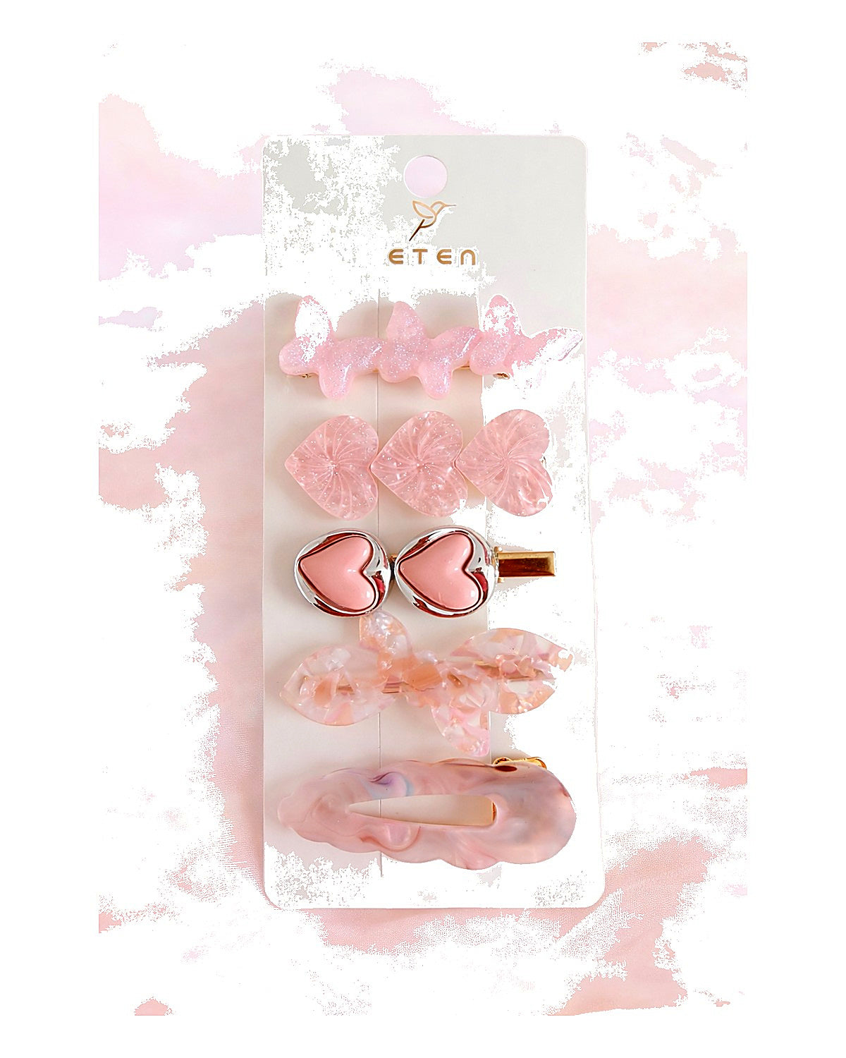 ETEN Pink Quartz Hair Accessory Collection  Luxe Butterfly, Heart & Bow Clips (6-Piece Set)