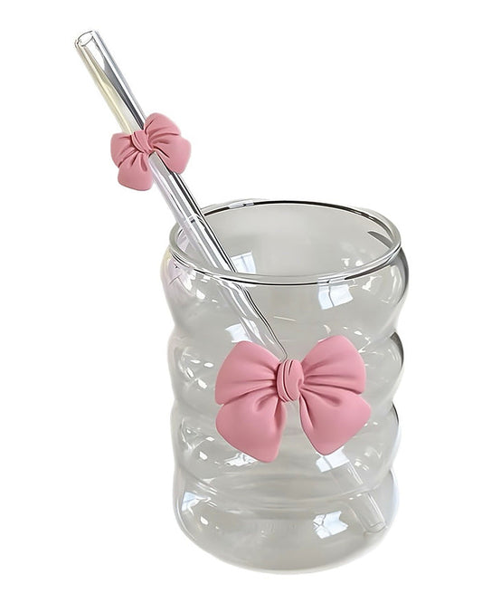 Pink Bow Glass And Glass Straw