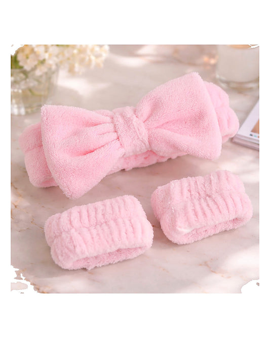 Soft Plush Skincare Headband & Wristband Set  Pink